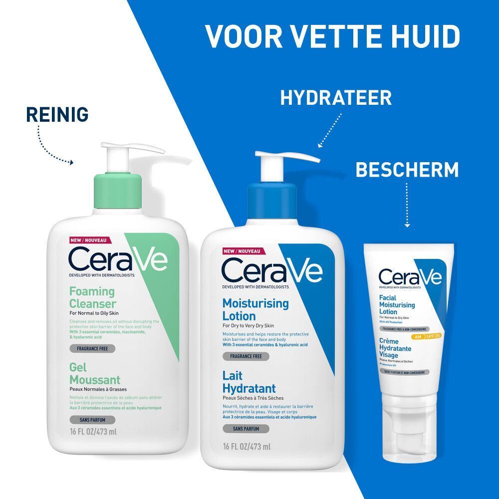Drie CeraVe producten. Tekst: Voor de vette huid. Reinigt, hydrateert, beschermt.