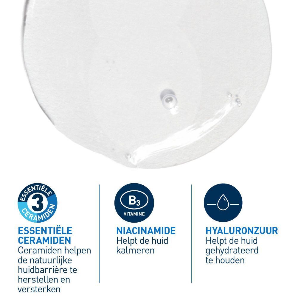 Close-up van druppels. Tekst: 3 essentiële ceramiden, vitamine B3, hyaluronzuur.