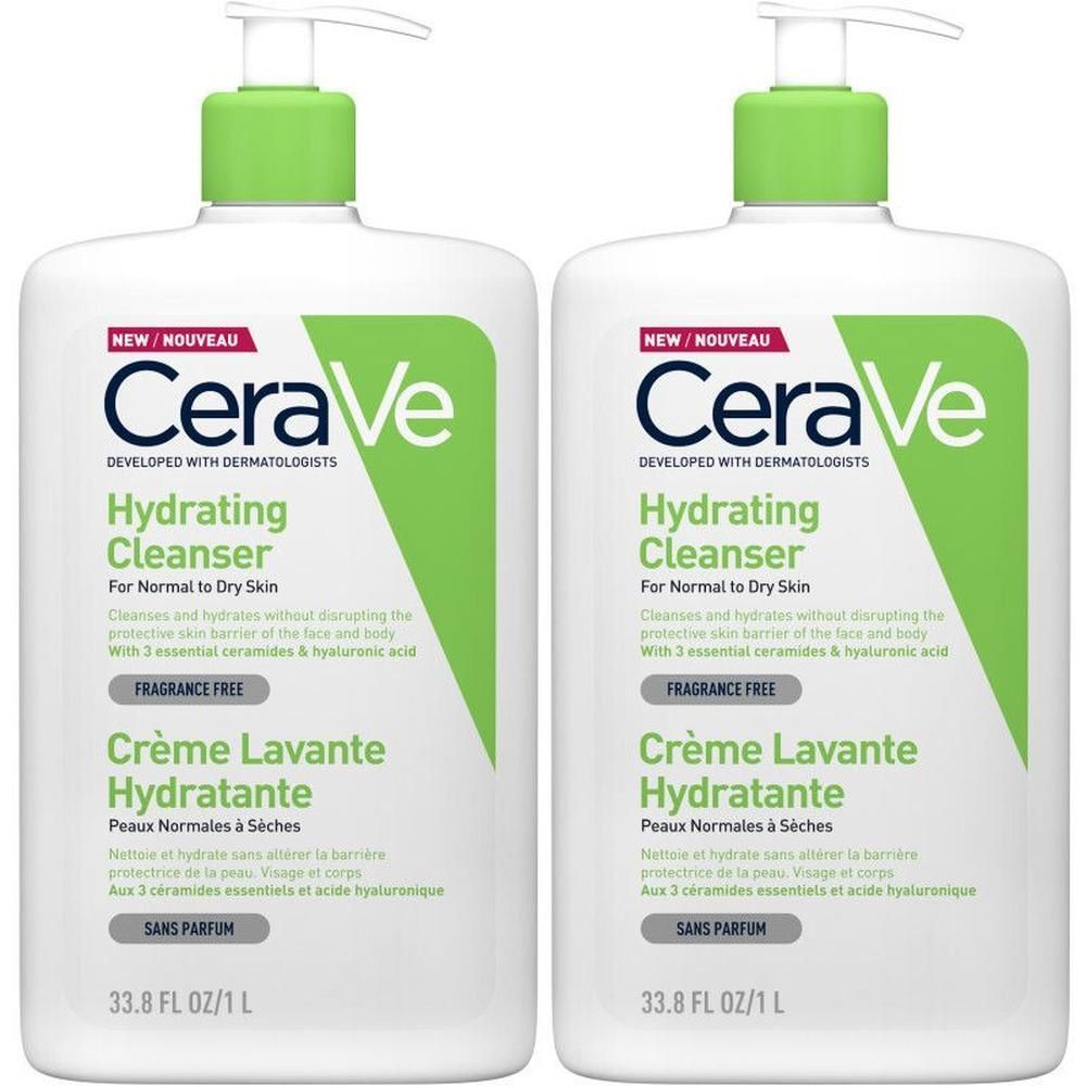 Deux flacons de CeraVe Crème Lavante Hydratante. Flacons blancs avec bouchon et pompe verts. Texte: Hydrating Cleanser.
