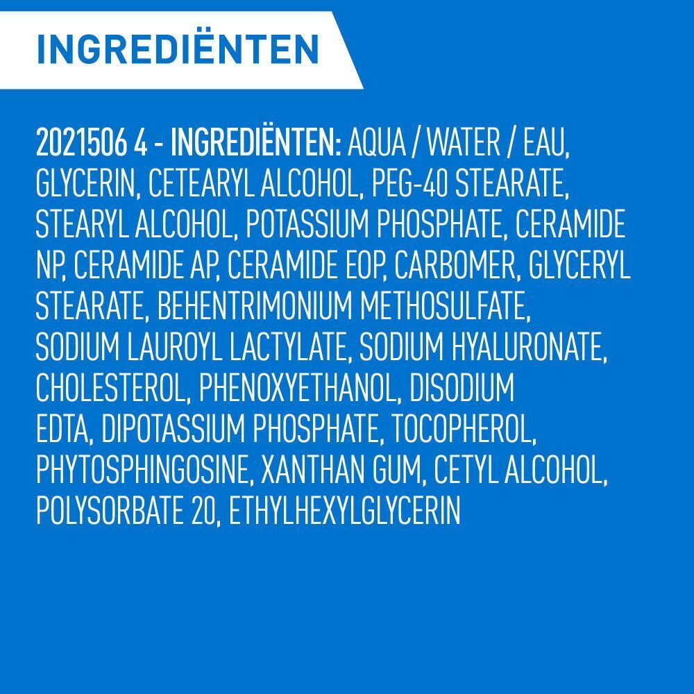 Ingrediëntenlijst van CeraVe Crème Lavante Hydratante. Tekst: Aqua/Water/Eau, Glycerin, Cetearyl Alcohol, etc.