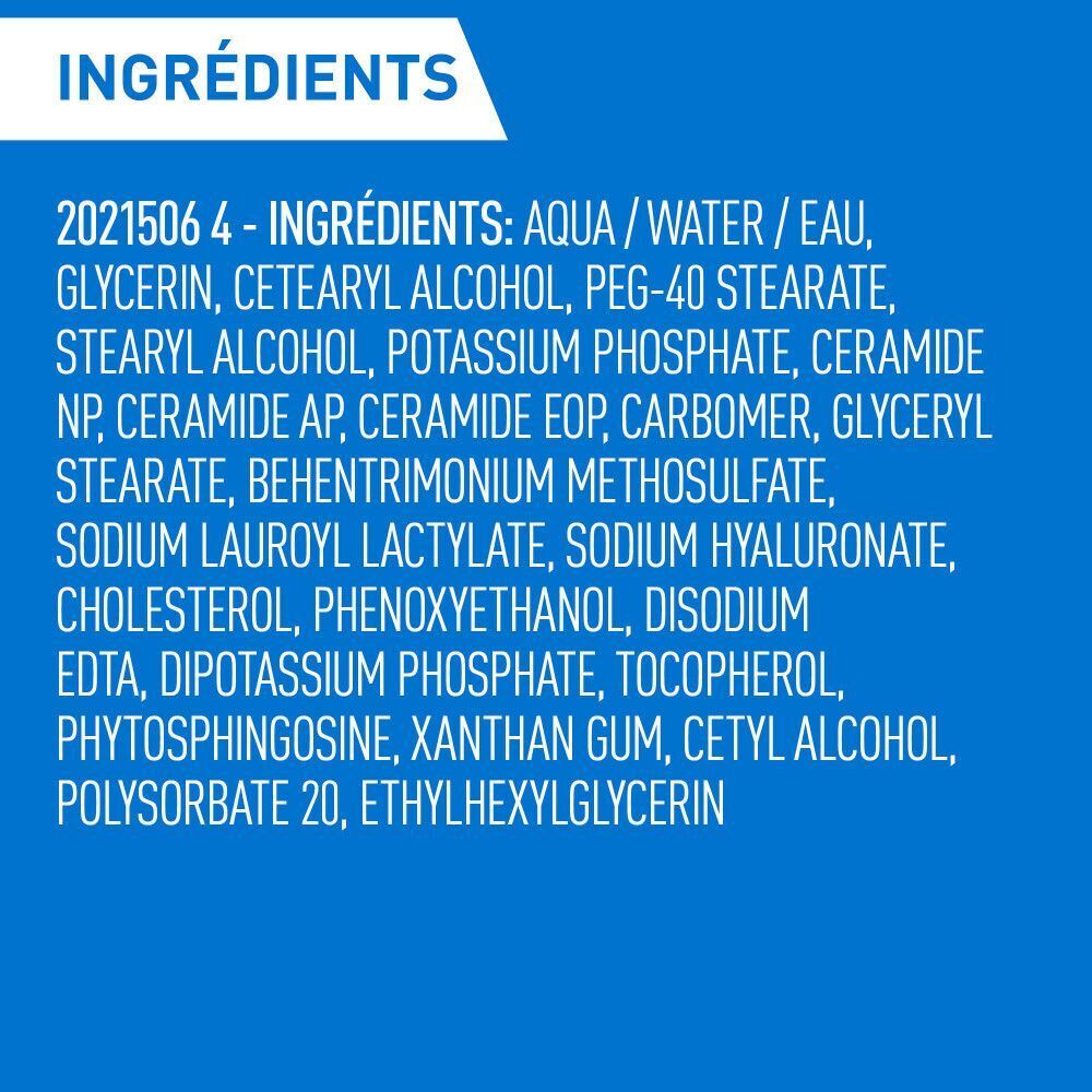 Liste des ingrédients des produits CeraVe. Texte en anglais sur fond bleu.