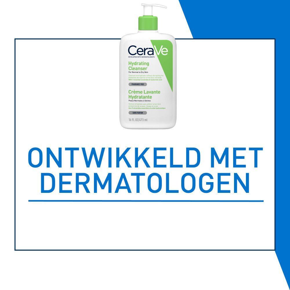 Fles CeraVe Crème Lavante Hydratante. Tekst: Ontwikkeld met dermatologen.