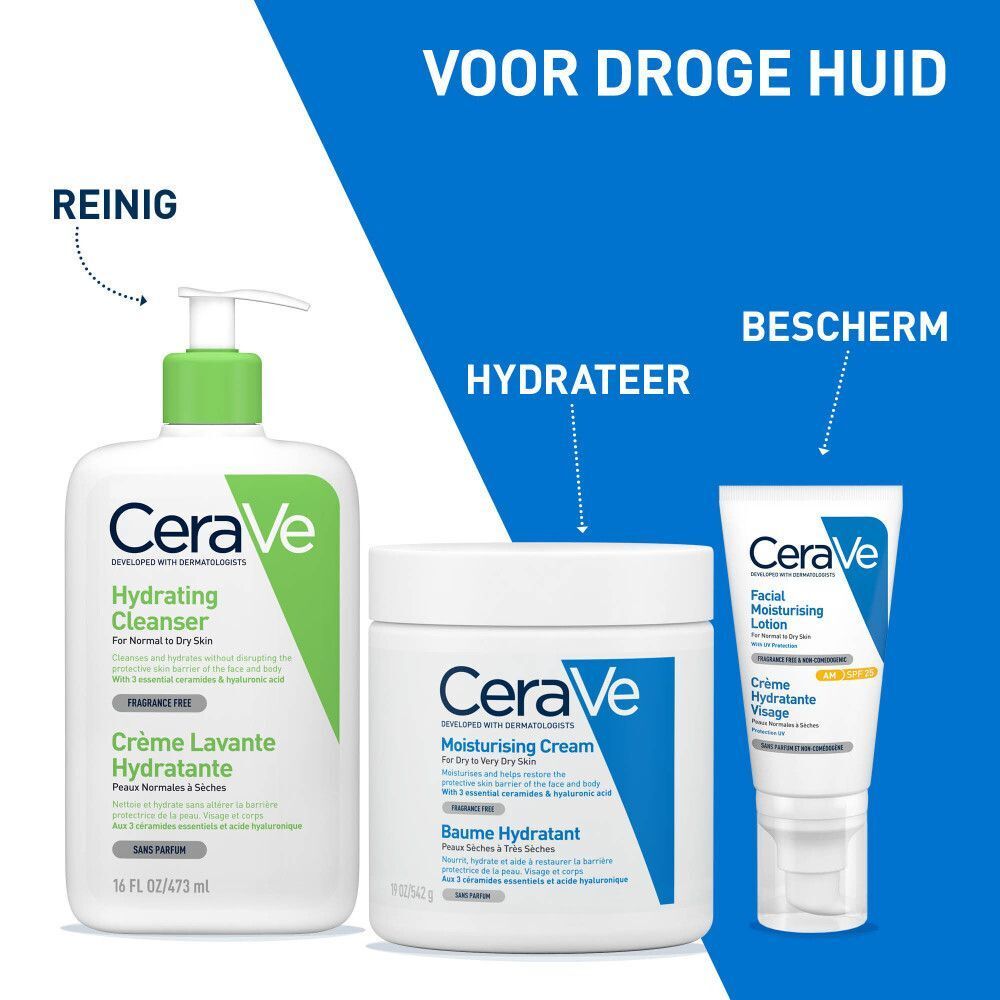 Een fles CeraVe Hydrating Cleanser. Tekst in het Engels en Nederlands. Opschrift: Ontwikkeld met dermatologen.