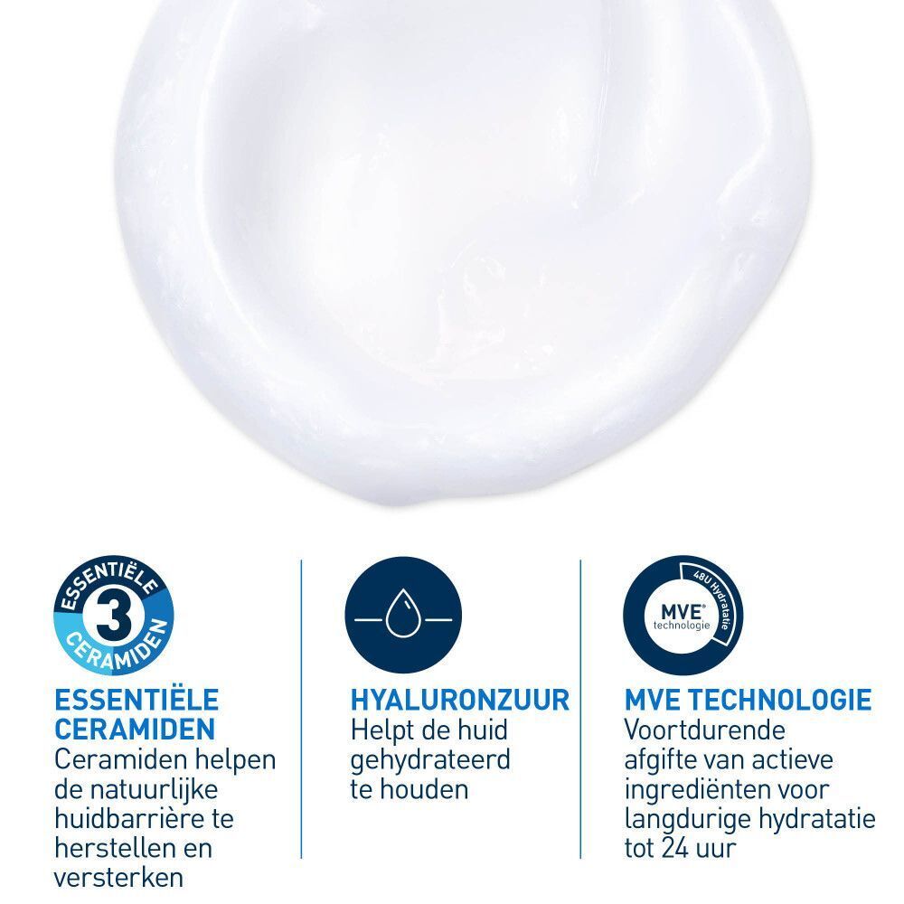 Close-up van een crème. Teksten: Essentiele Ceramiden, Hyaluronzuur, MVE Technologie.