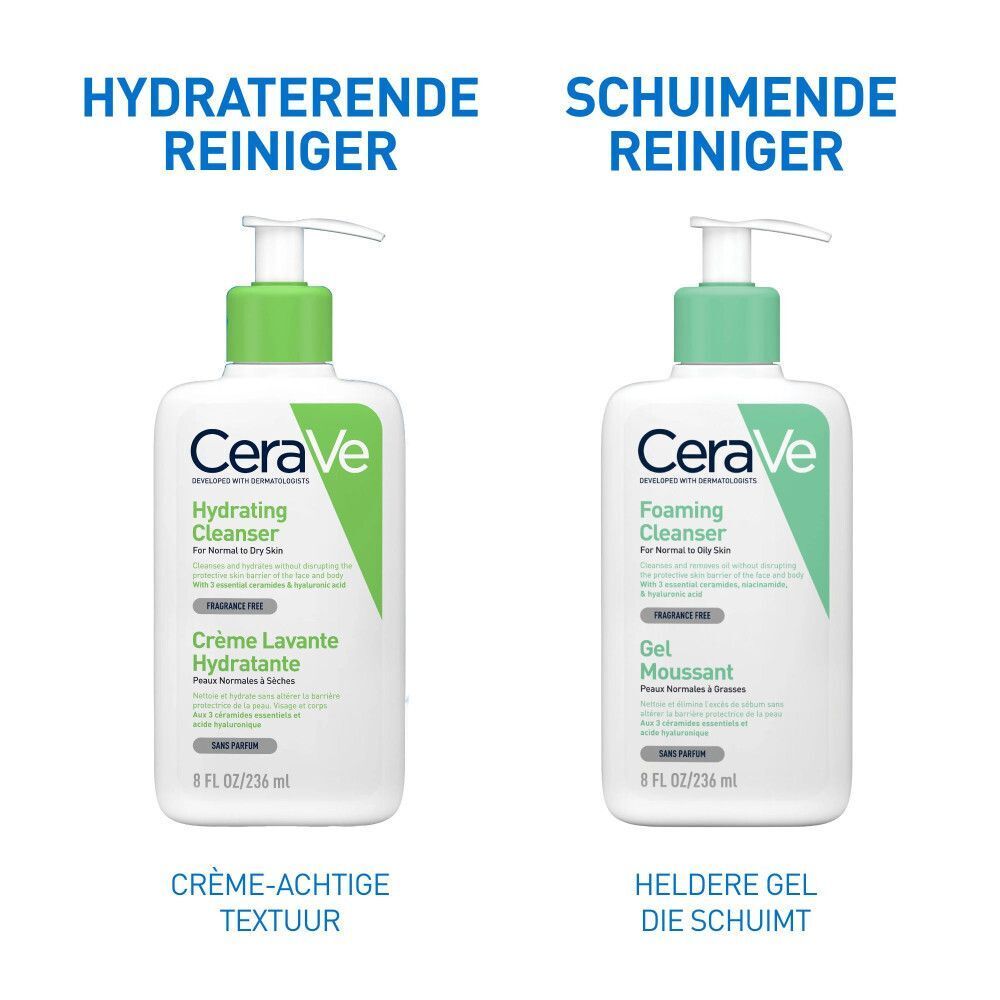 Twee flessen: Hydraterende Reiniger en Schuimende Reiniger. Teksten: Crème-achtige textuur, Heldere gel die schuimt.