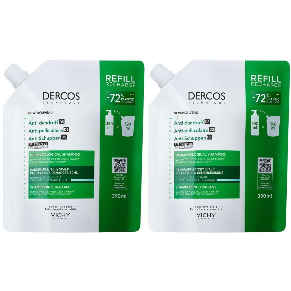 Deux recharges de shampooing Vichy Dercos Anti-Pelliculaire DS. Blanc avec détails verts, 390 ml.