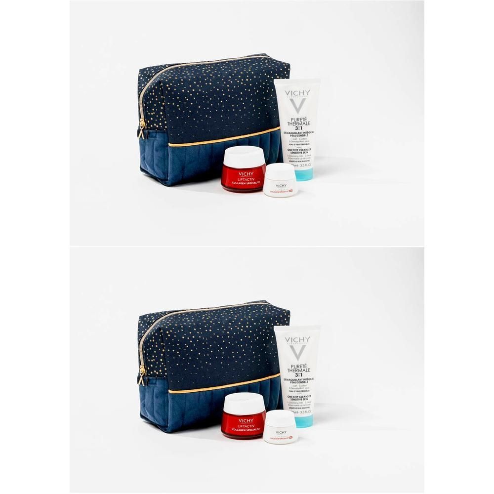 Trousse de toilette bleu marine à pois dorés, crèmes et tube. Logo Vichy visible.