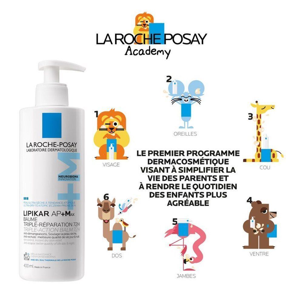 Flacon blanc avec pompe. Inscription: La Roche-Posay, Lipikar AP+M Baume. Illustrations pour enfants.