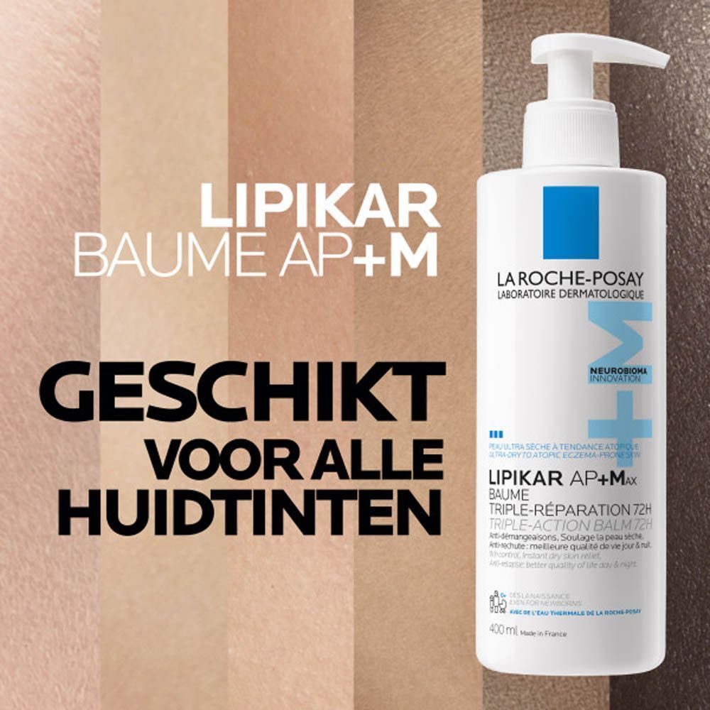 Witte fles met pomp. Opschrift: La Roche-Posay, Lipikar AP+M Baume. Illustraties met dieren.