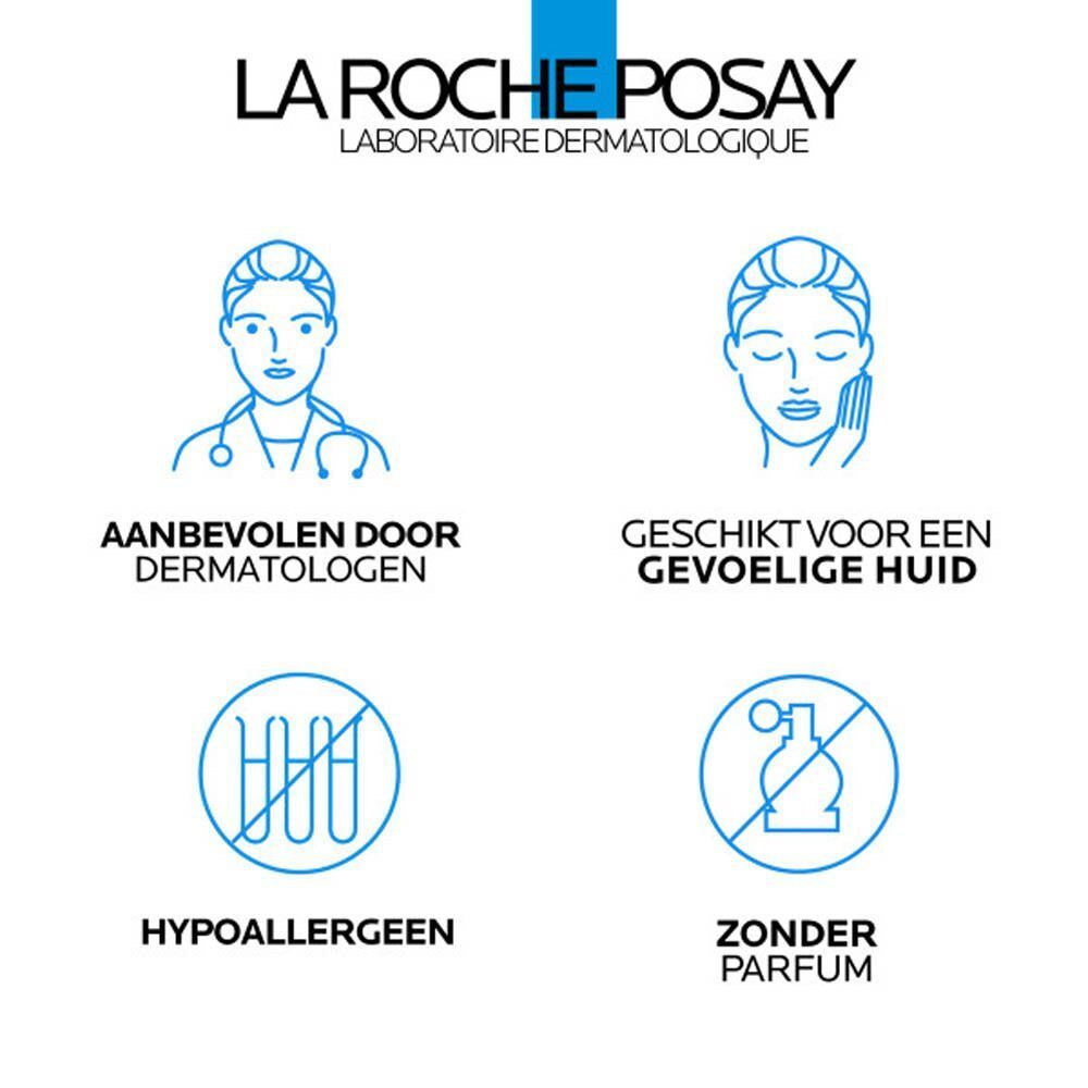 Witte fles met pomp. Opschrift: La Roche-Posay, Lipikar Baume AP+M. Geschikt voor alle huidtinten.