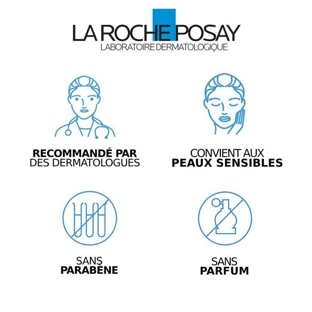 Logo La Roche-Posay. Illustrations: Recommandé par les dermatologues, convient aux peaux sensibles, sans parabène, sans parfum.