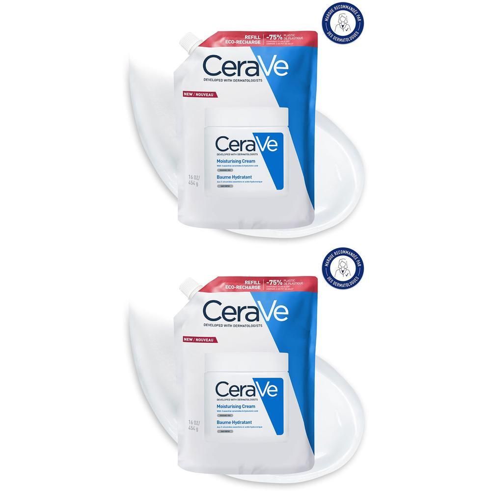 Deux pots et recharges CeraVe. Produit blanc sur fond blanc. Accents bleus et rouges.