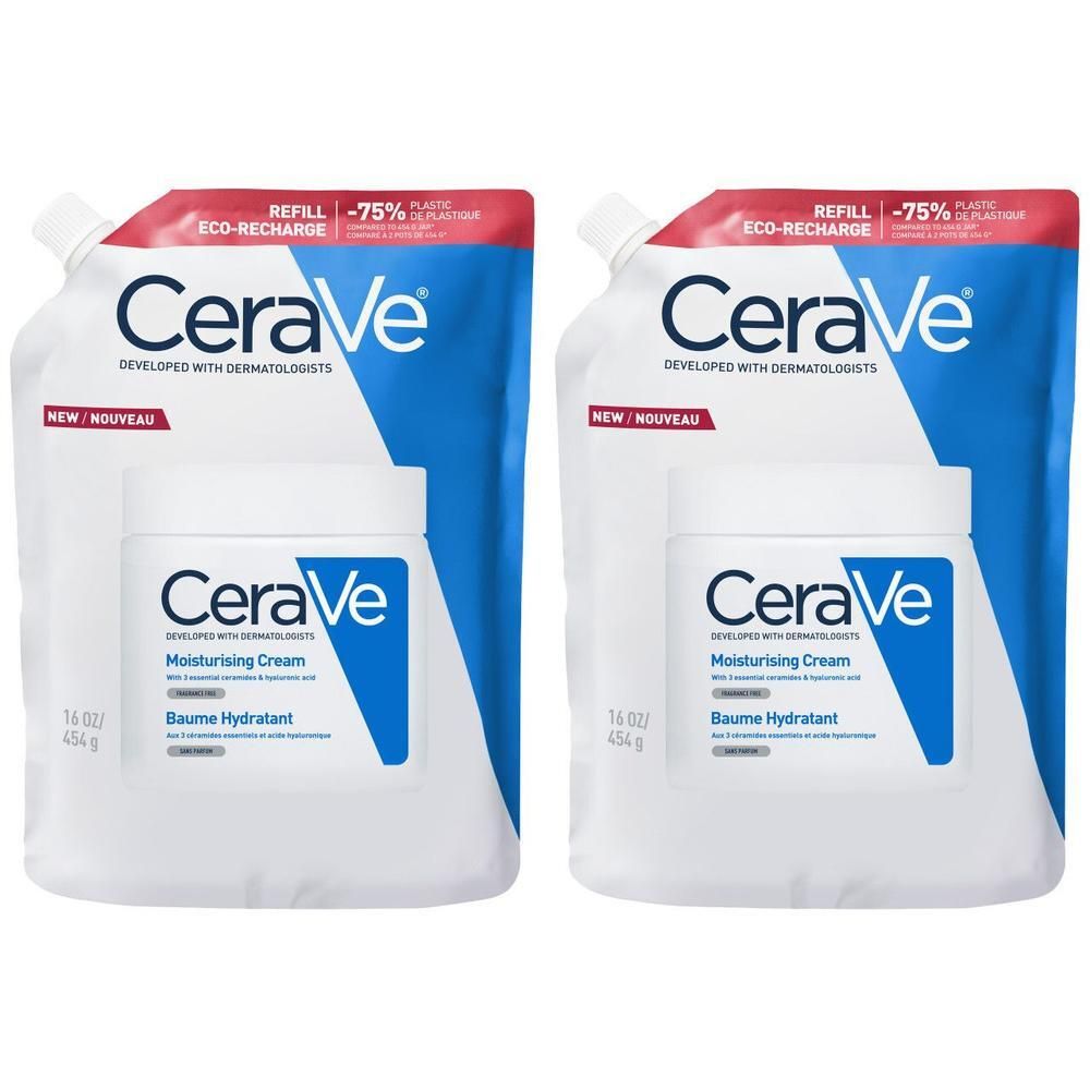 Twee verpakkingen CeraVe Baume Hydratant. Witte verpakking met blauw logo. Navulling.