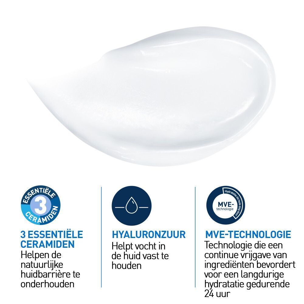 Wit product op een hand. Blauwe en witte verpakking. Tekst: CeraVe, Moisturising Cream.