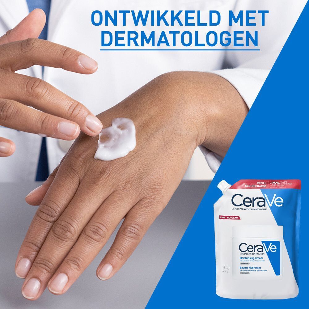 Wit product op witte achtergrond. Tekst: 3 Essentiele Ceramiden, Hyaluronzuur, MVE-Technologie.