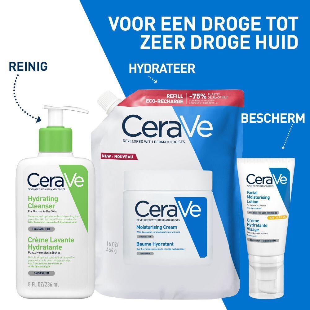 CeraVe Baume Hydratant en lotion in navullingen. Witte verpakking met blauw logo.