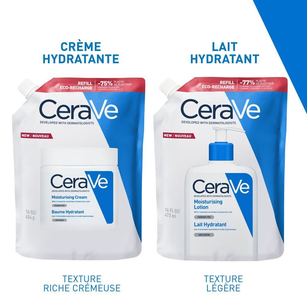 Deux recharges CeraVe. Texte : Crème Hydratante, Lait Hydratant. Emballage bleu et blanc.