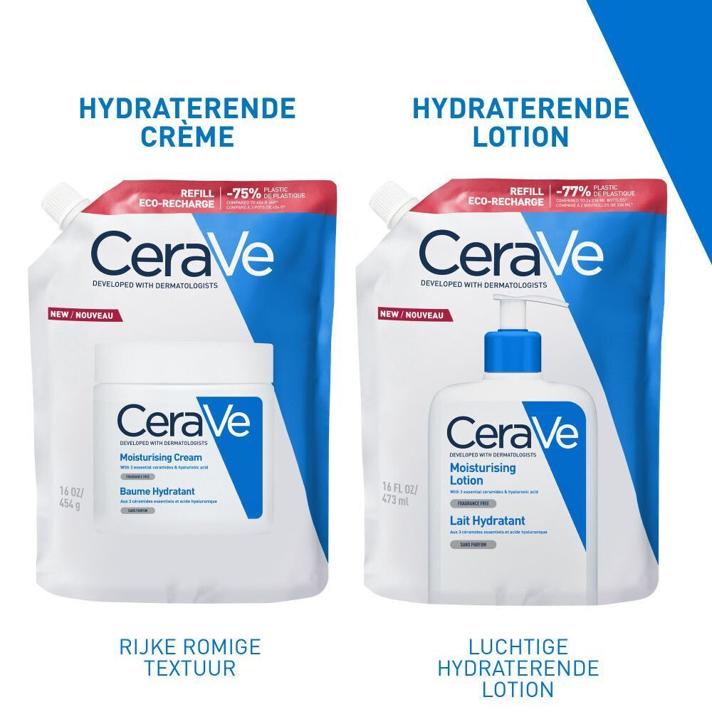 CeraVe Baume Hydratant en lotion in navullingen. Witte verpakking met blauw logo.