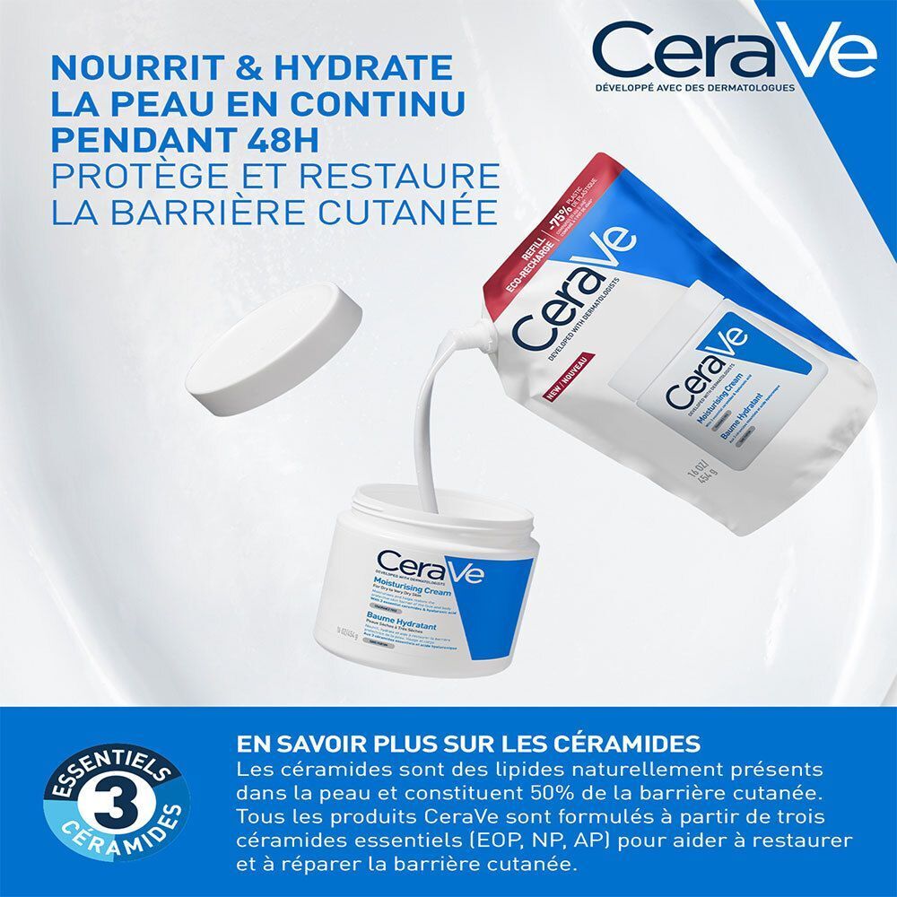 Pot et recharge CeraVe. Le produit est versé dans le pot. Texte : 3 Essentiels Céramides.