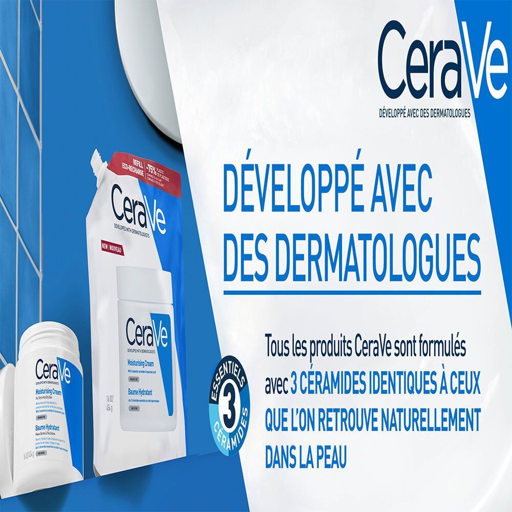 Trois produits CeraVe. Texte : 3 Essentiels Céramides. Emballage bleu et blanc.