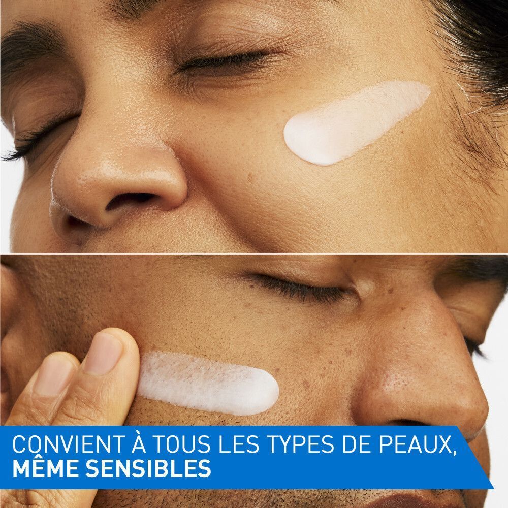 Deux visages avec de la crème appliquée. Texte: Convient à tous les types de peaux, même sensibles.