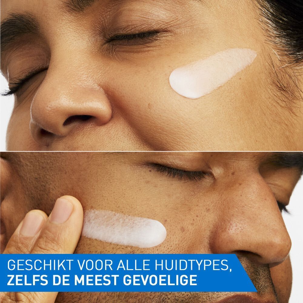 Twee gezichten met crème aangebracht. Tekst: Geschikt voor alle huidtypes, zelfs de meest gevoelige.