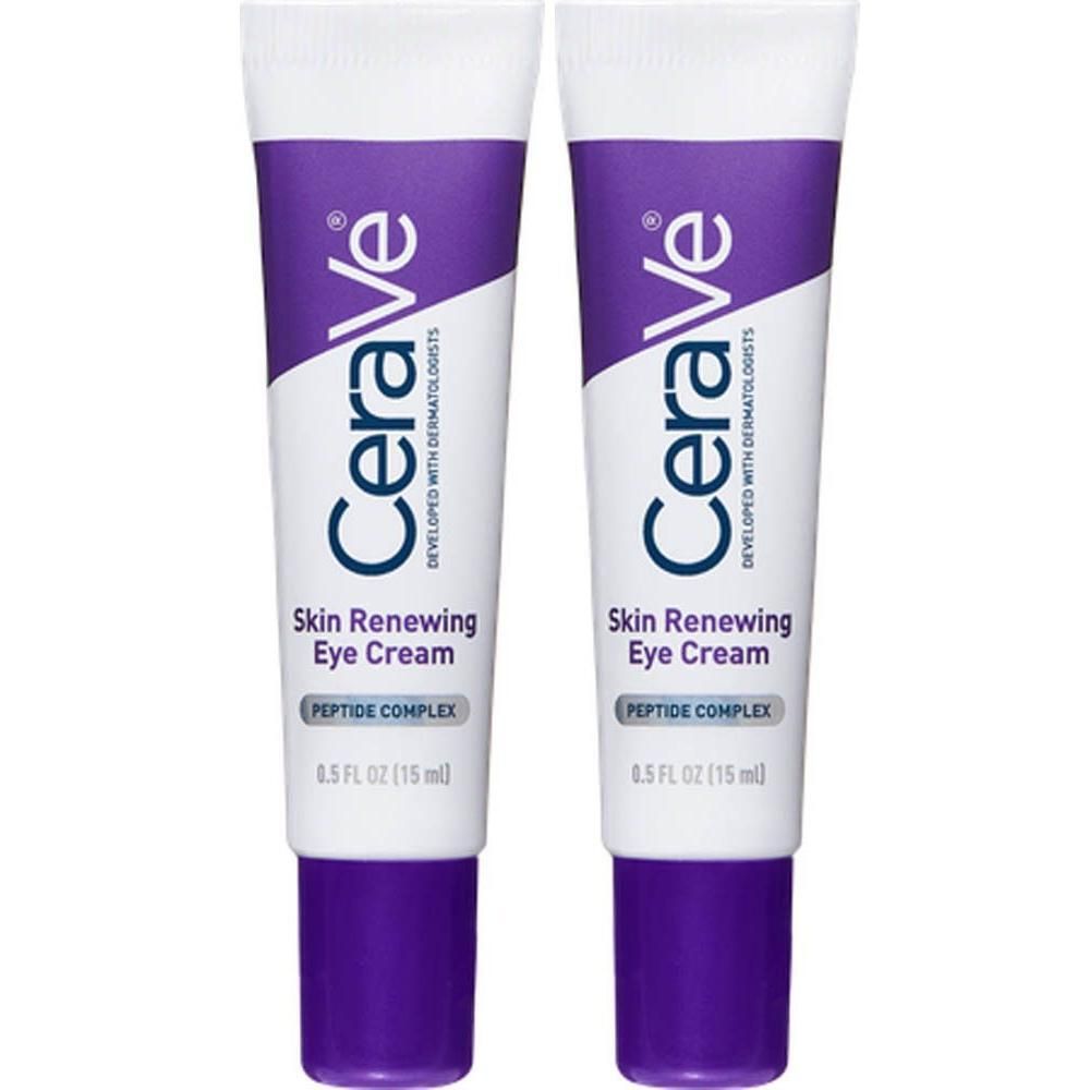 Twee tubes CeraVe Skin Renewing Eye Cream. Witte en paarse verpakking. Tekst: Skin Renewing Eye Cream, Peptide Complex, 0.5 FL OZ (15 ml).