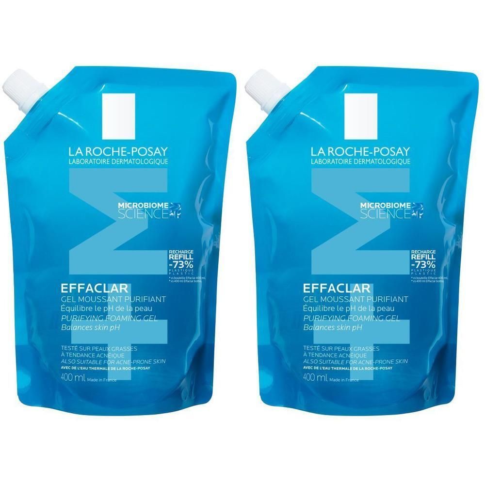 Deux recharges bleues. Inscription : La Roche-Posay, Effaclar Gel Moussant Purifiant +M Recharge. Bouchon blanc.