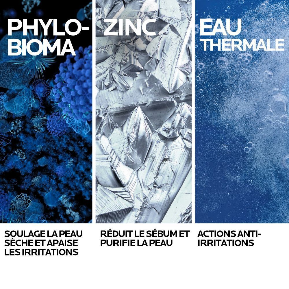 Trois images avec du texte. Phyllo-Bioma, Zinc, Eau Thermale. Texte : Soulage la peau, Réduit le sébum, Actions anti-irritations.