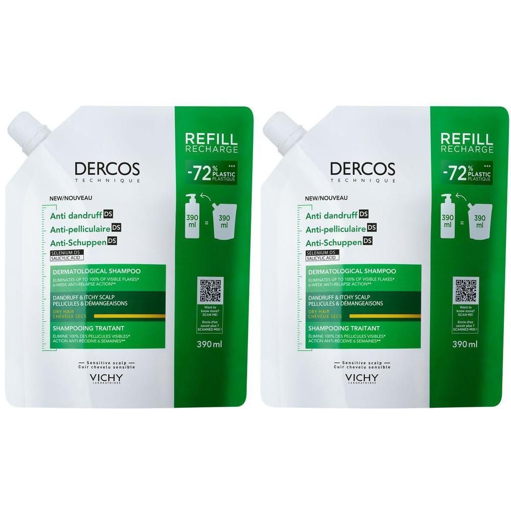 Twee navullingen Dercos Anti-roos shampoo. Groene en witte verpakking. Tekst: Refill Recharge, 72% Plastic.