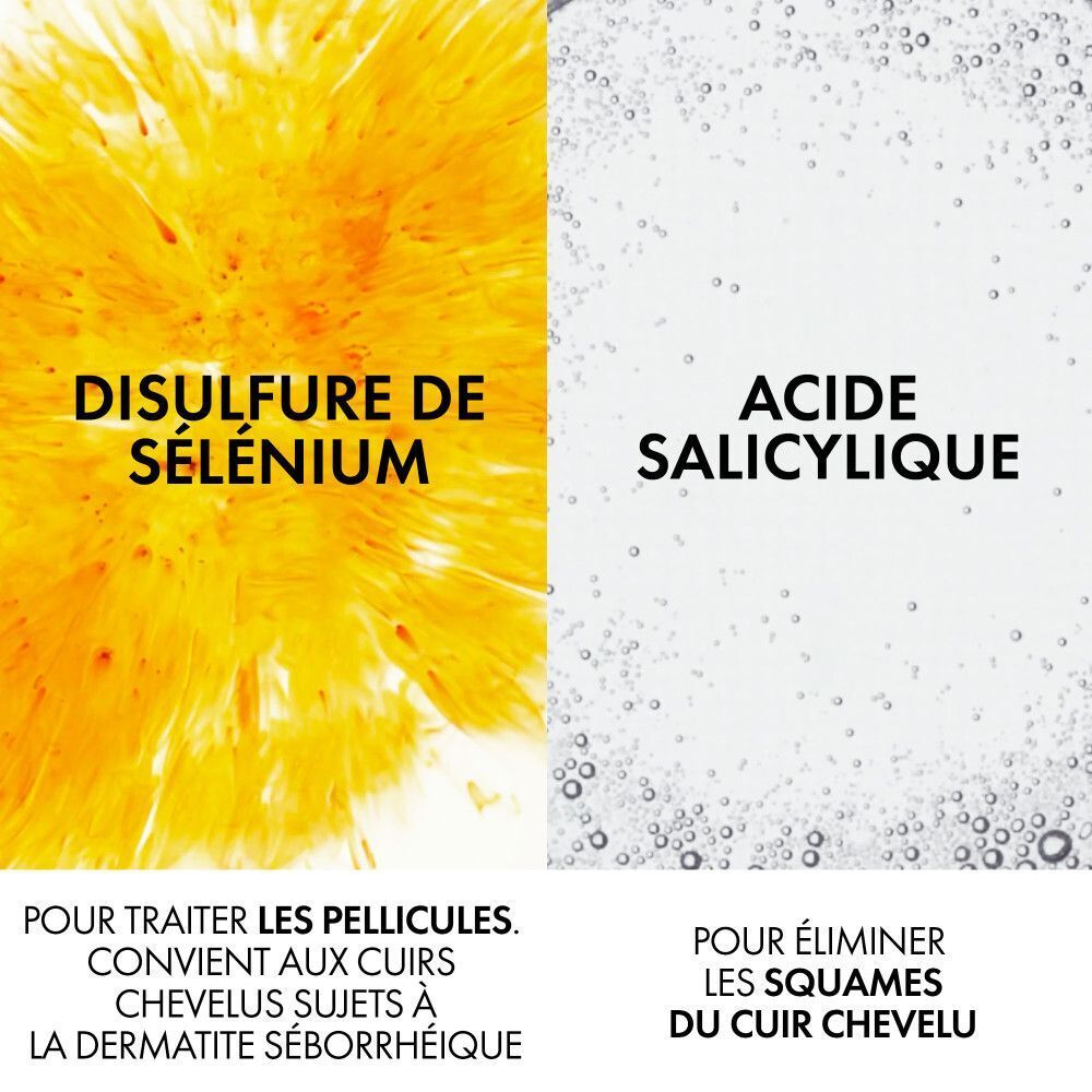 Deux zones de texte. Gauche: Disulfure de Sélénium. Droite: Acide Salicylique. Texte en dessous: Pour traiter les pellicules.