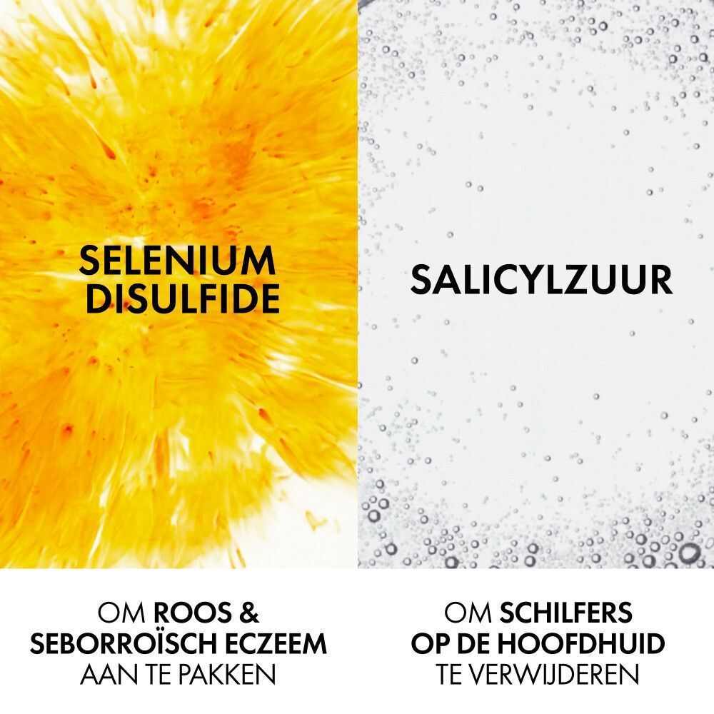 Twee tekstgebieden. Links: Selenium Disulfide. Rechts: Salicylzuur. Tekst eronder: Om roos & seborroïsch eczeem aan te pakken.