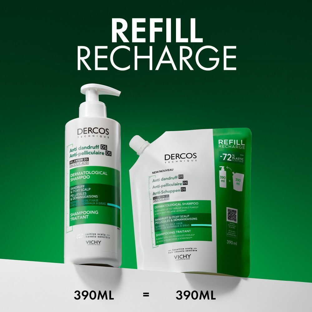 Dercos Anti-pelliculaire Shampooing et recharge. Texte: Refill Recharge. 390ml = 390ml.