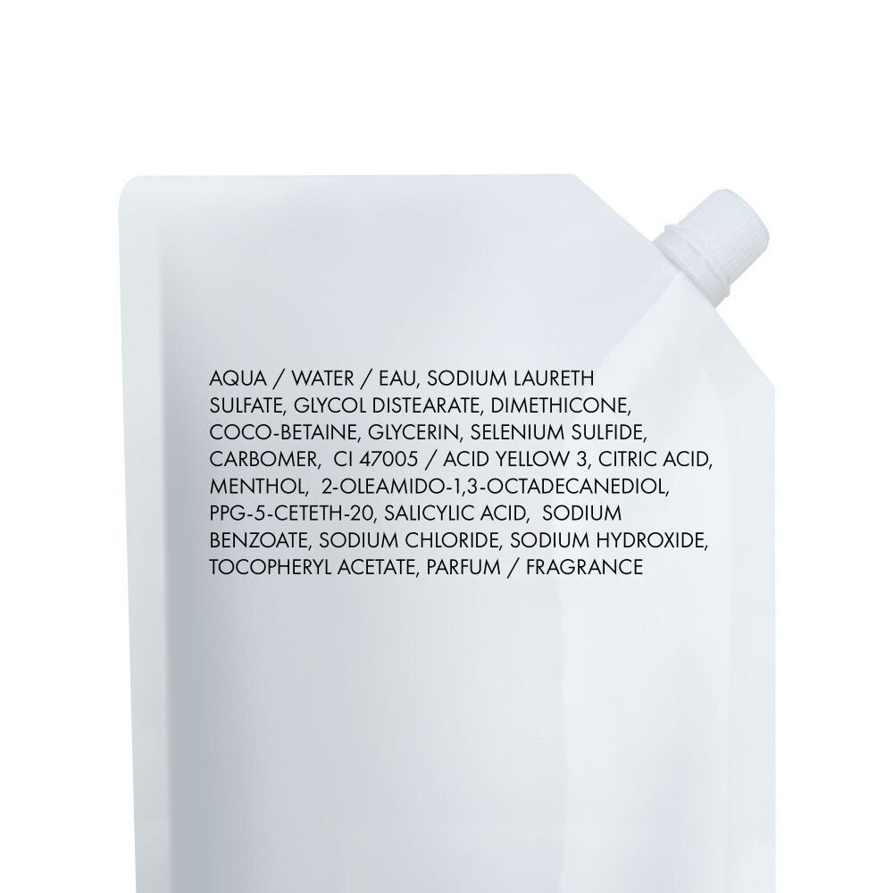 Achterkant van een navulling. Tekst: Aqua/Water, Sodium Laureth Sulfate, Glycol Distearate, etc.