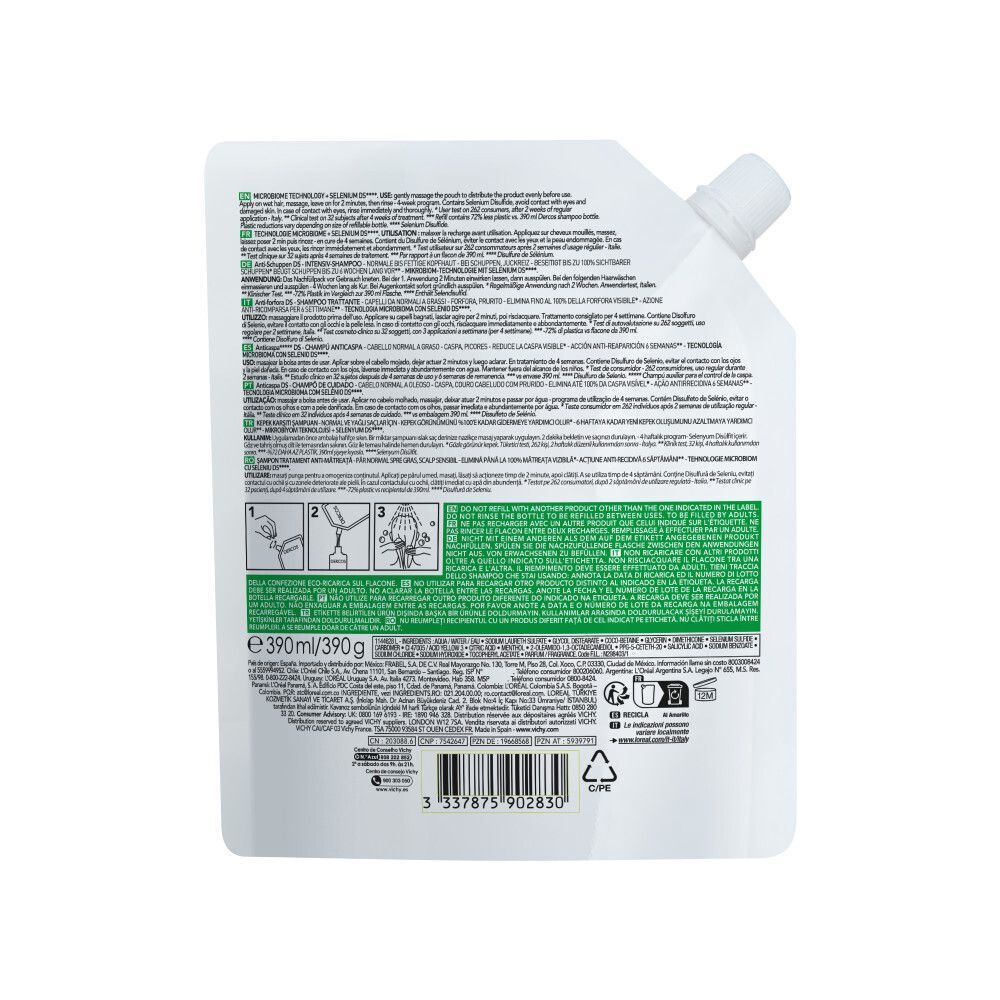 Dos d'une recharge. Texte et illustrations. Texte: 390ml/390g.