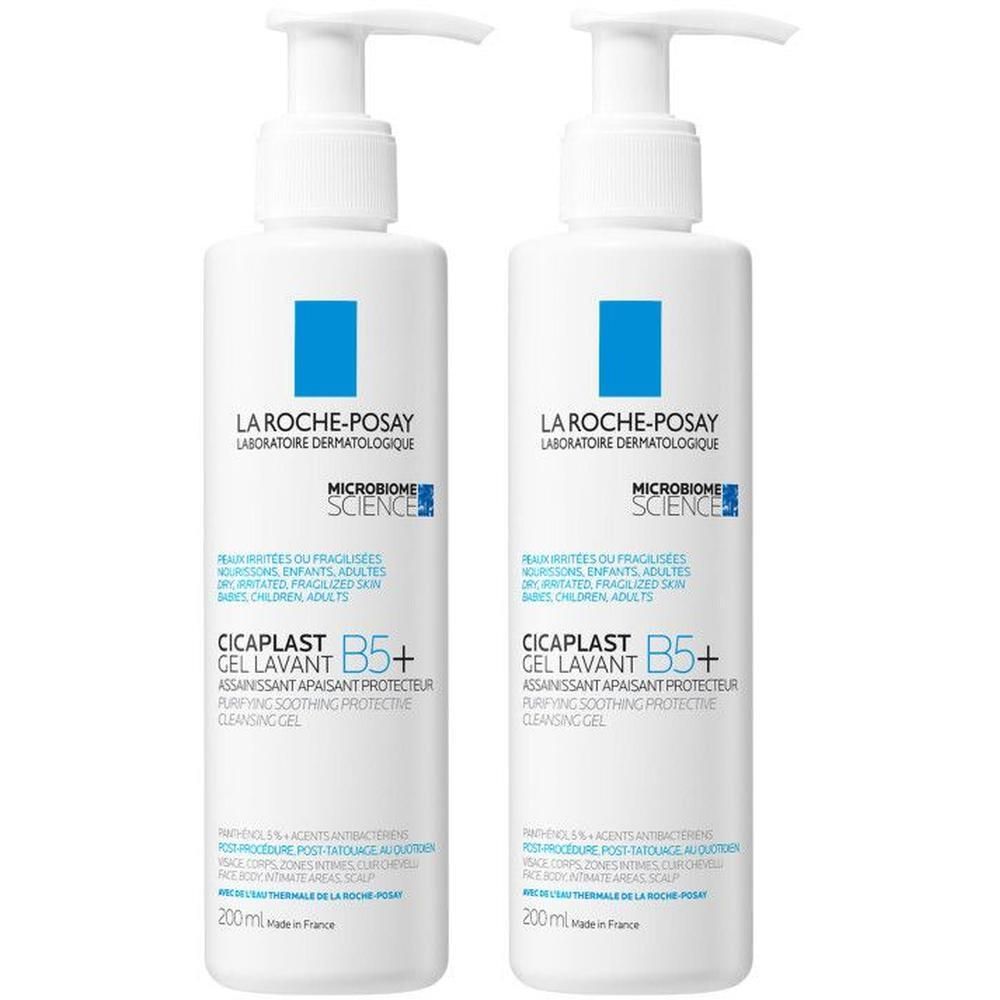 Twee witte flessen met doseerpomp. Opschrift: La Roche-Posay, Cicaplast Gel Lavant B5+.