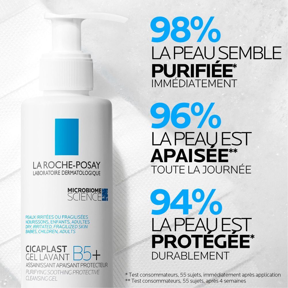 Flacon avec texte et pourcentages. Texte: 98% La peau semble purifiée immédiatement.