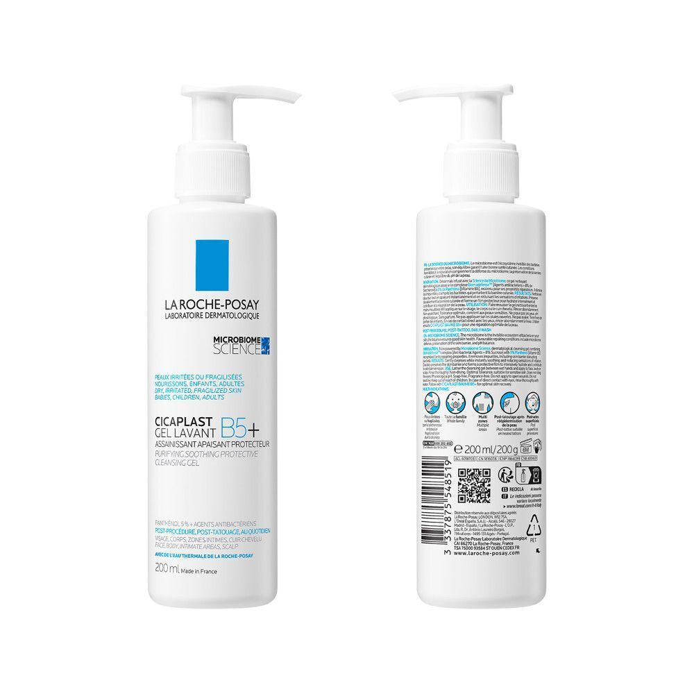 Deux faces d'un flacon blanc. Texte: Cicaplast Gel Lavant B5+, 200ml.
