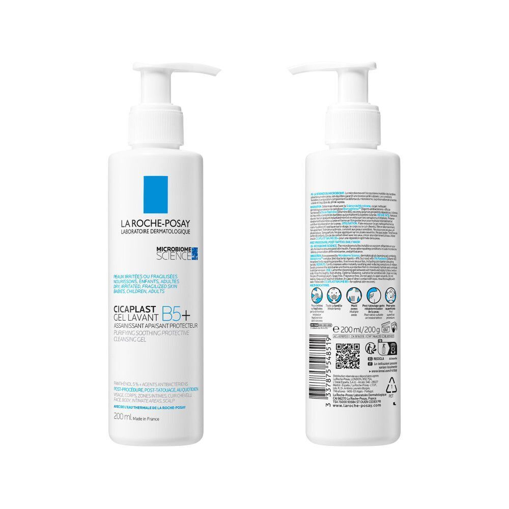 Twee kanten van een witte fles. Tekst: Cicaplast Gel Lavant B5+, 200ml.