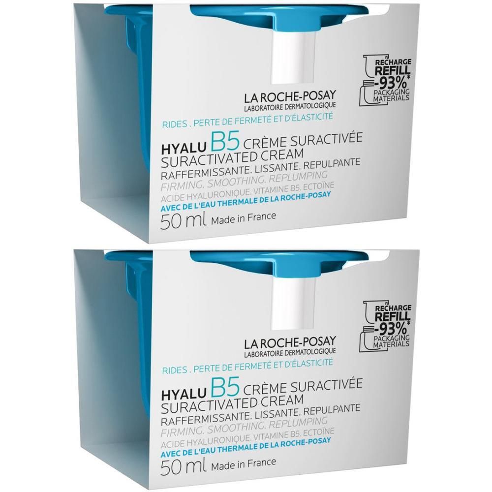 Deux boîtes de La Roche-Posay Hyalu B5 Crème Suractivée. Emballage blanc et bleu. Texte: RIDES, PERTE DE FERMETÉ ET D'ÉLASTICITÉ.