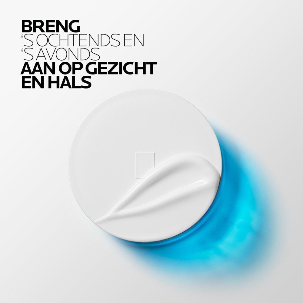 Witte deksel met crème. Tekst: BRENG 'S OCHTENDS EN 'S AVONDS AAN OP GEZICHT EN HALS. Blauwe achtergrond.