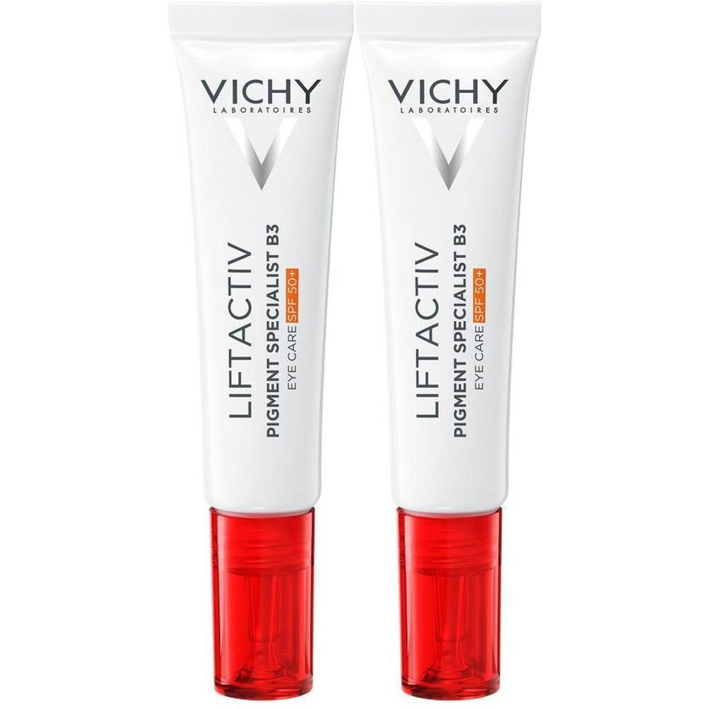 Twee tubes Vichy Liftactiv Pigment Specialist B3 Eye Care SPF50+. Witte tubes met rode punt. Tekst: Vichy, Liftactiv, B3, SPF50+.