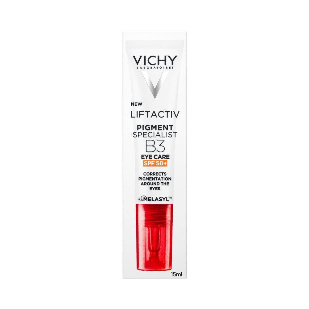 Tube de Vichy Liftactiv Pigment Specialist B3 Eye Care SPF50+. Blanc, applicateur rouge. Texte : Vichy, Liftactiv, B3, SPF50+, 15ml.
