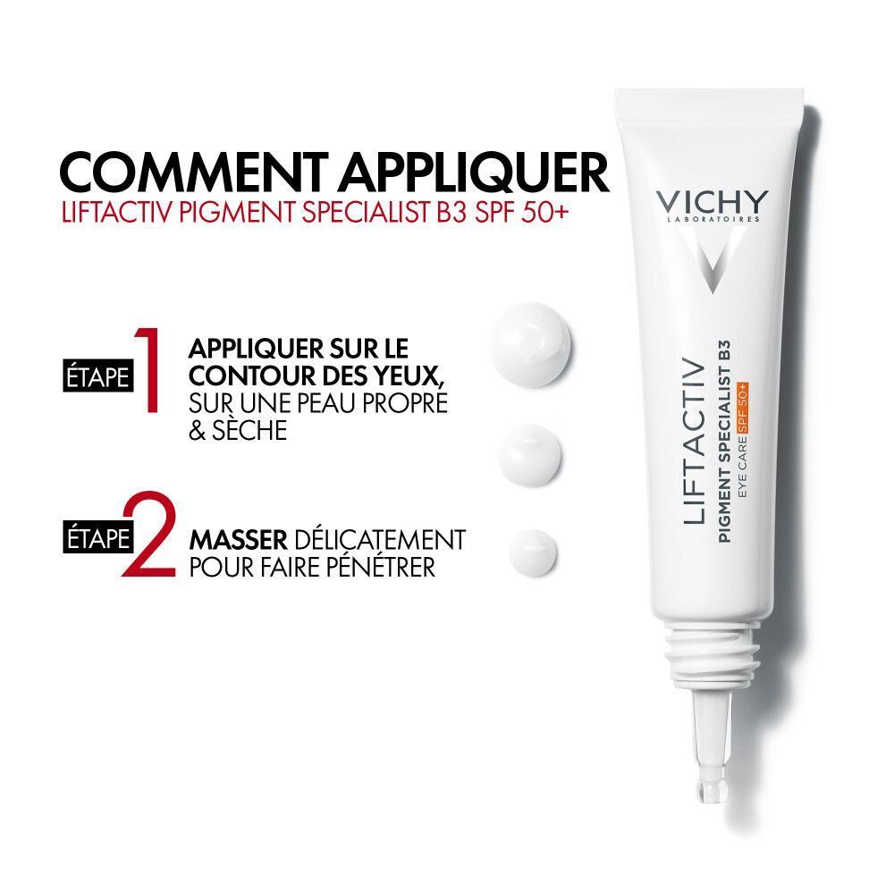 Toepassing van Vichy Liftactiv Pigment Specialist B3 Eye Care SPF50+. Product, druppels, tekst.