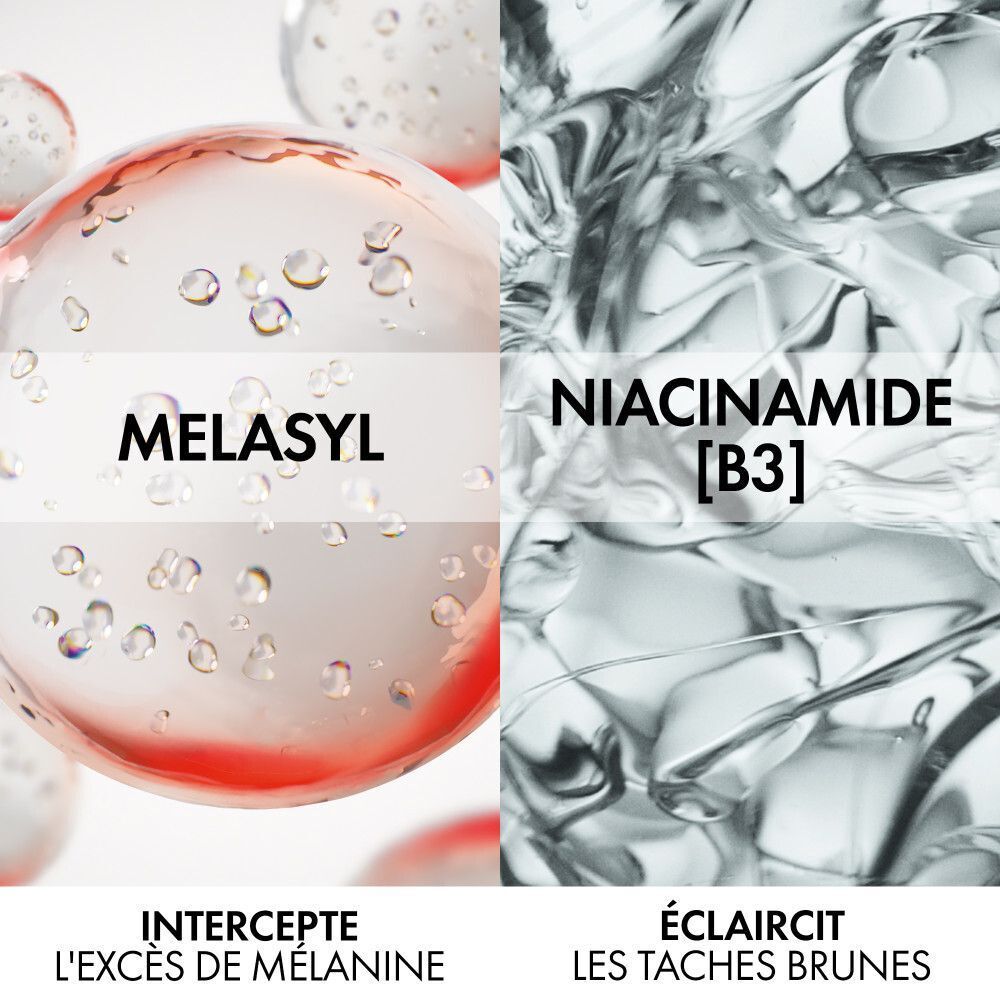 Grafiek: Melasyl en Niacinamide [B3]. Tekst: Intercepteert overtollige melanine, verheldert donkere vlekken.