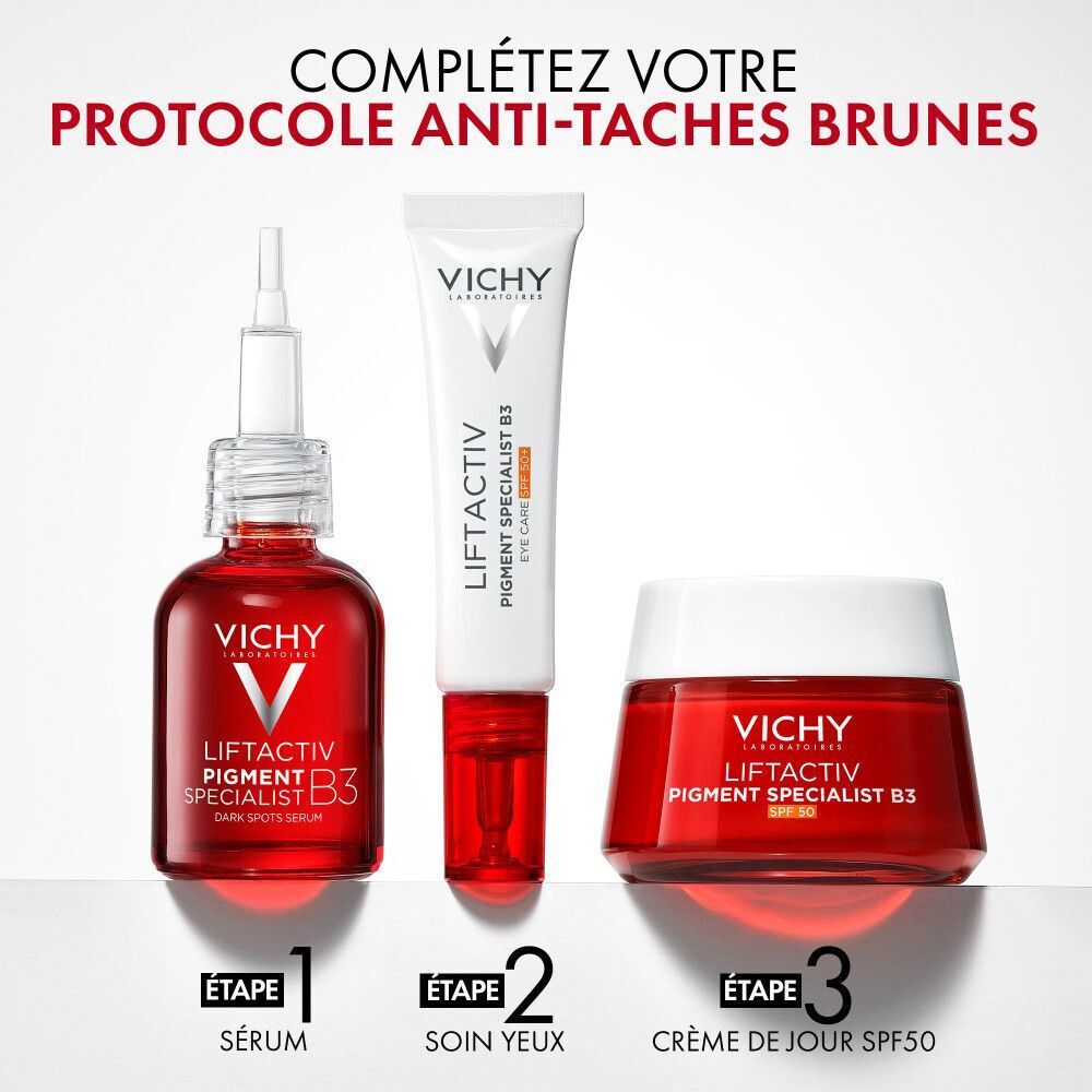 Vichy anti-vlekken routine. Producten: serum, oogverzorging, dagcrème SPF50. Tekst: Vichy, Liftactiv, B3.