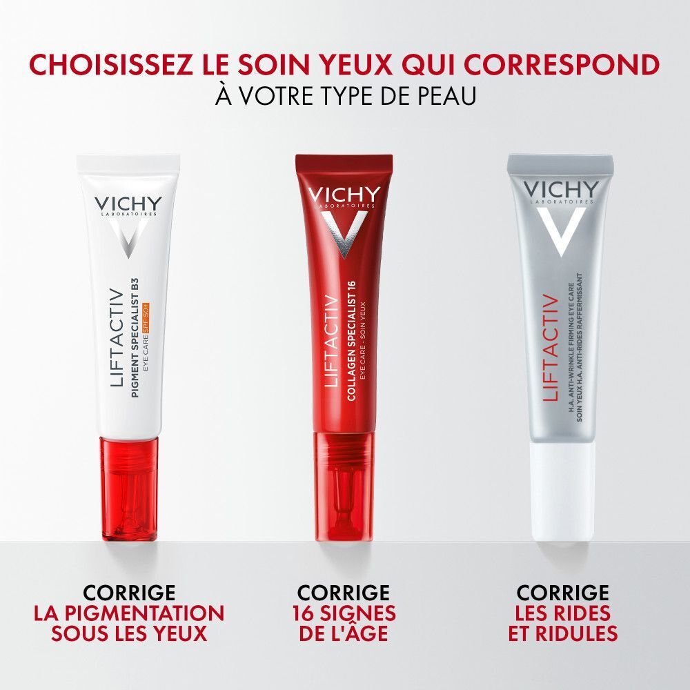 Drie Vichy oogverzorgingsproducten. Tekst: Corrigeert pigmentatie, 16 tekenen van veroudering, rimpels.