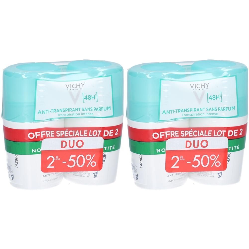 Deux packs de déodorant. Chaque pack contient deux roll-ons. Inscriptions: VICHY, Anti-transpirant, offre Duo avec réduction.