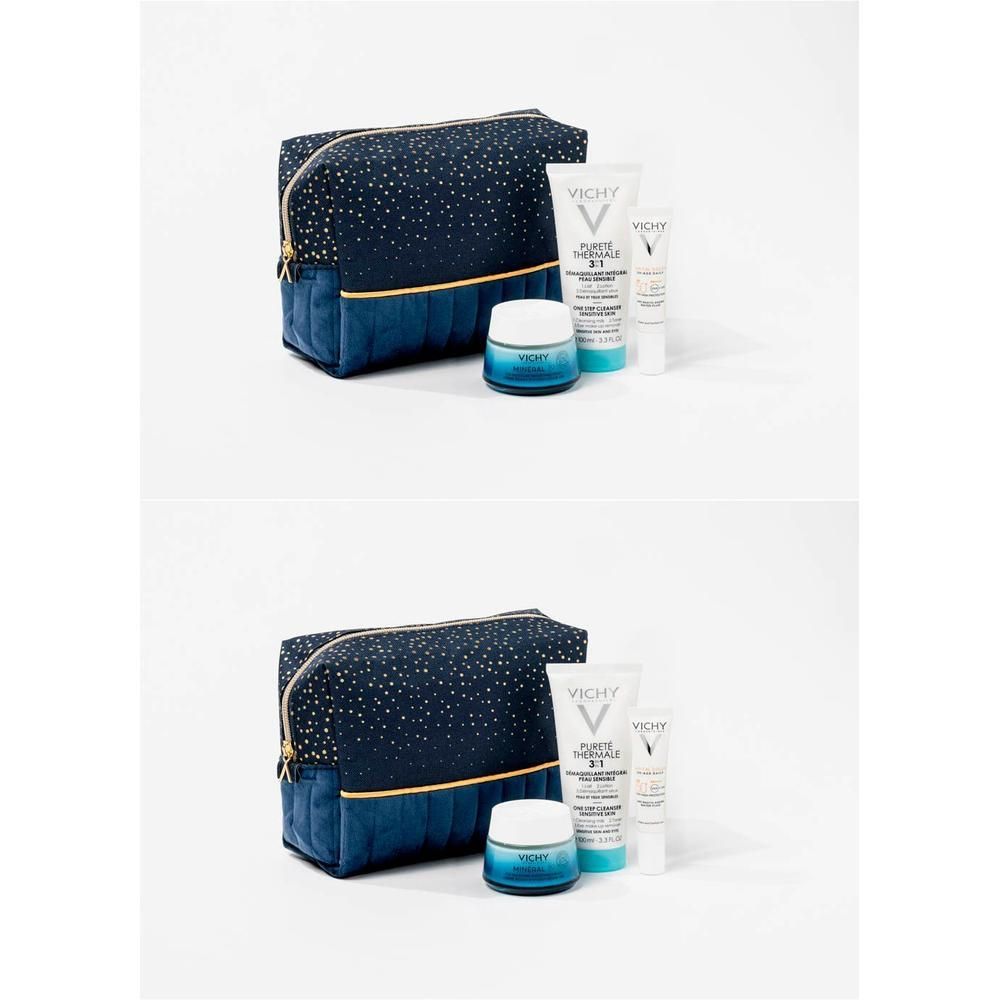 Trousse de toilette avec produits Vichy : crème, deux tubes et pot. Bleu foncé à pois dorés et fermeture éclair.