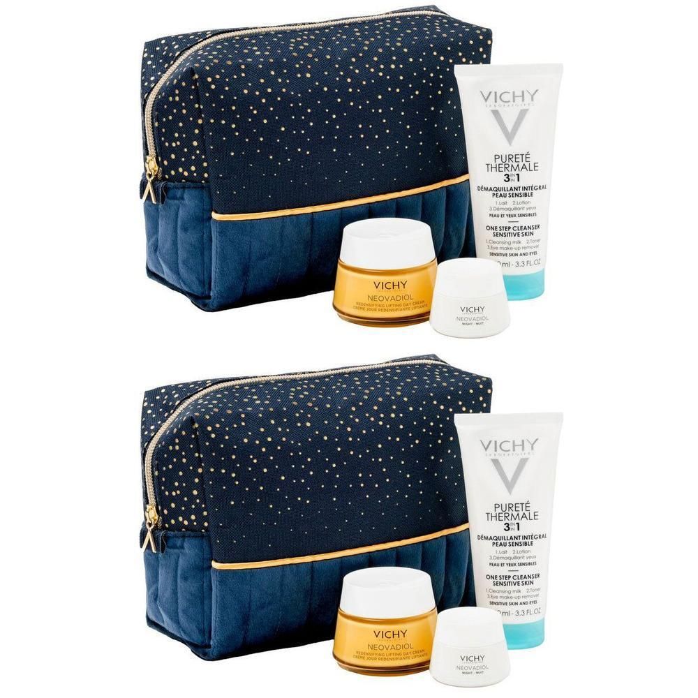 Make-up tas met producten. Bevat crèmes, reinigingsgel en kleine potjes. Vichy-logo zichtbaar.